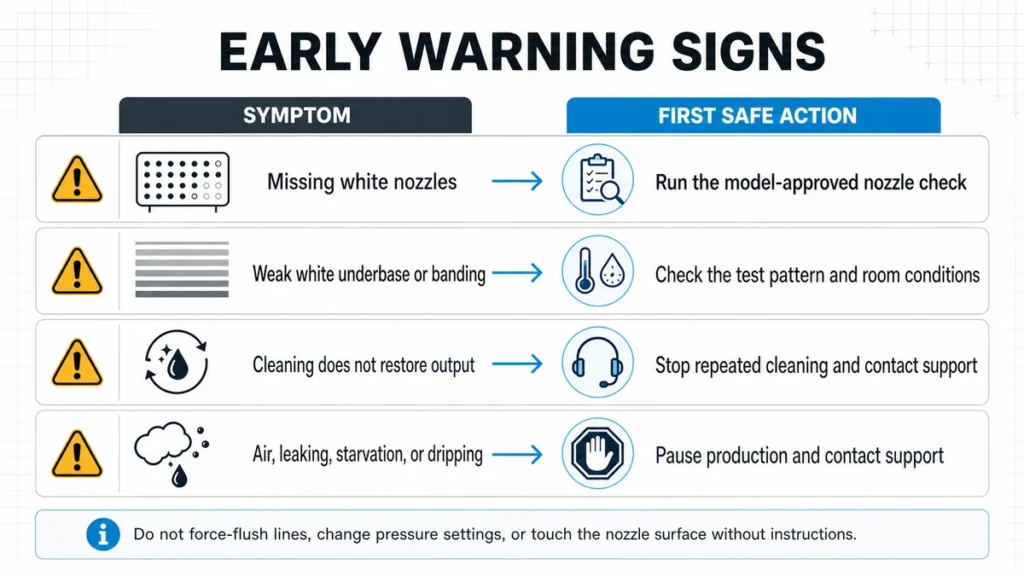 Early warning signs for DTF printer clogs and the first safe action for each
